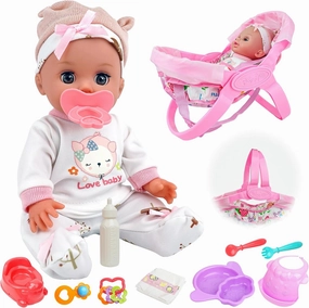 SMILESSKIDDO 14" Baby Doll with Washable Doll Accessories - Lifelike Baby Dolls Pretend Play Includes Carrier Bassinet Bed, Doll Clothes, Feeding Set, Gift Idea for Girls 1 2 3  Year Old