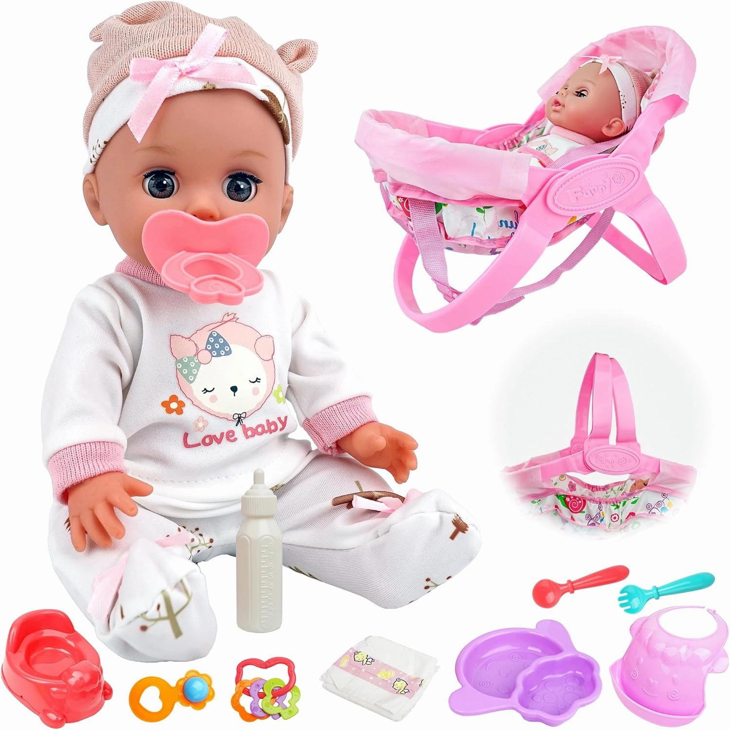 SMILESSKIDDO 14" Baby Doll with Washable Doll Accessories - Lifelike Baby Dolls Pretend Play Includes Carrier Bassinet Bed, Doll Clothes, Feeding Set, Gift Idea for Girls 1 2 3  Year Old