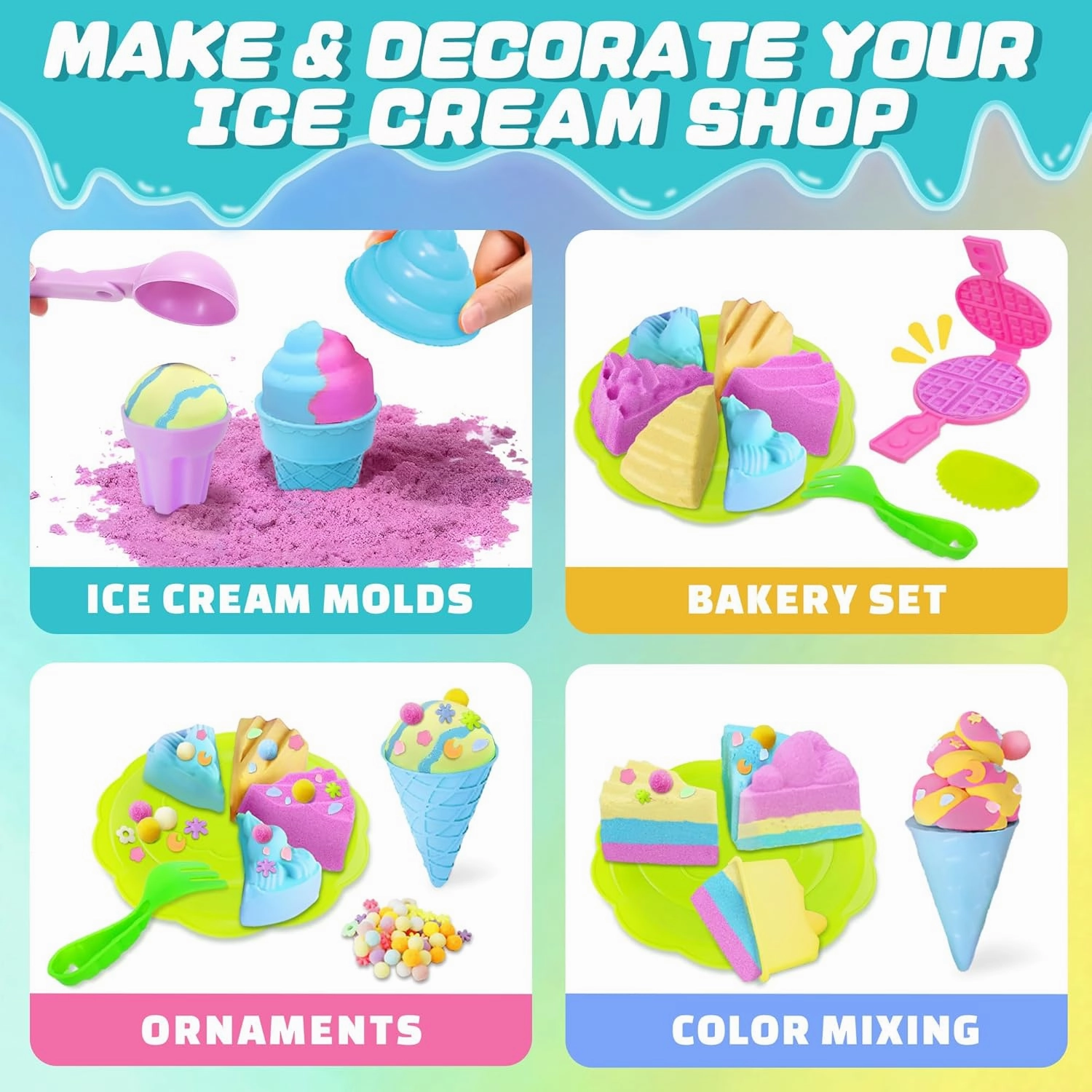 SMILESSKIDDO Sensory Bin - Baking & Ice Cream Making Set with 3.3lb Play Sand Kit, Waffle Cake Molds and Sand Tools, Ice Cream Toy Shop, Gifts for Girls & Boys