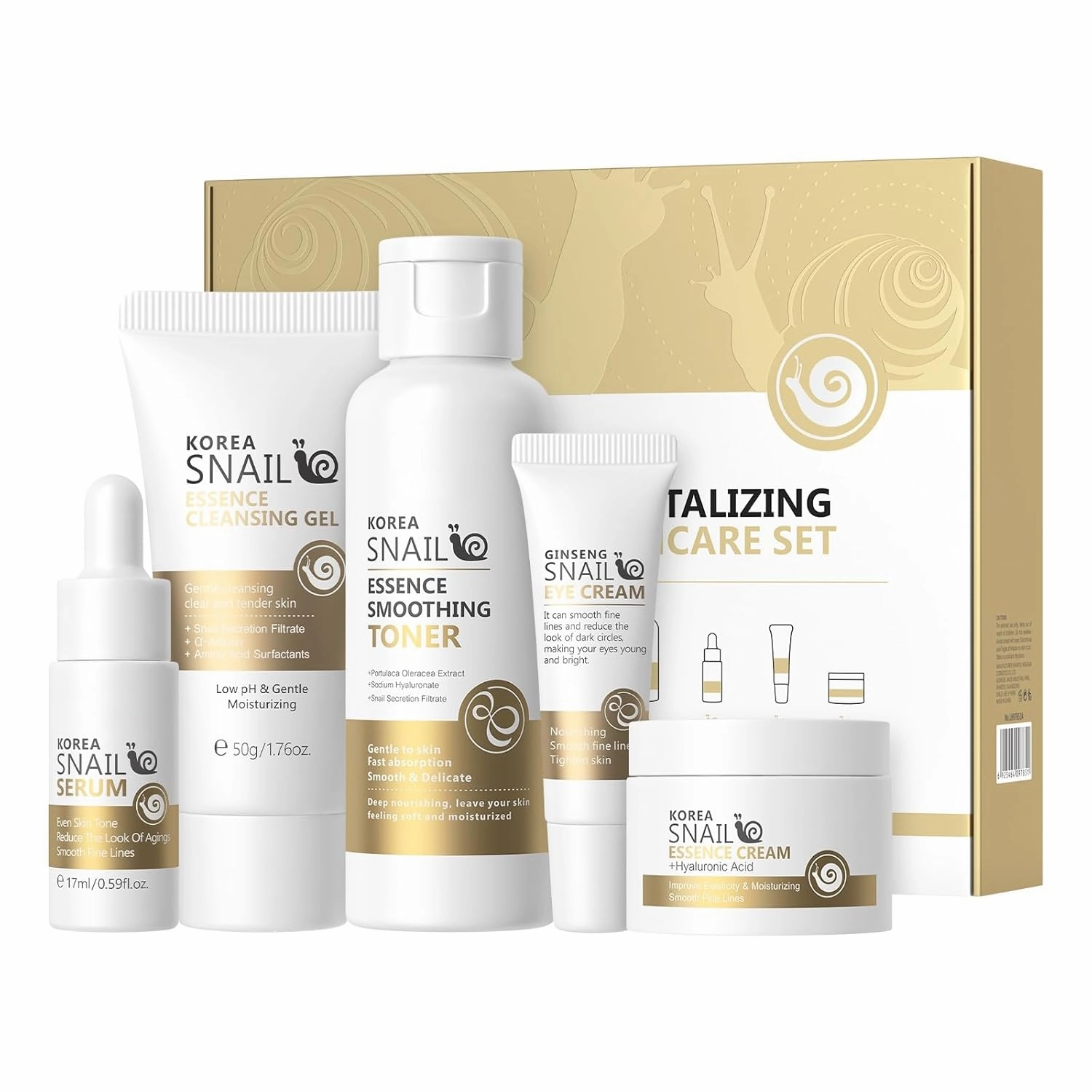 Snail Essence Skin Care Set, 5 In 1 Skincare Routine Set with Cleanser, Toner, Serum, Eye Cream, Face Cream, Long-Lasting Moisturizing Facial Care Kit Mother's Day Birthday Gifts for Women