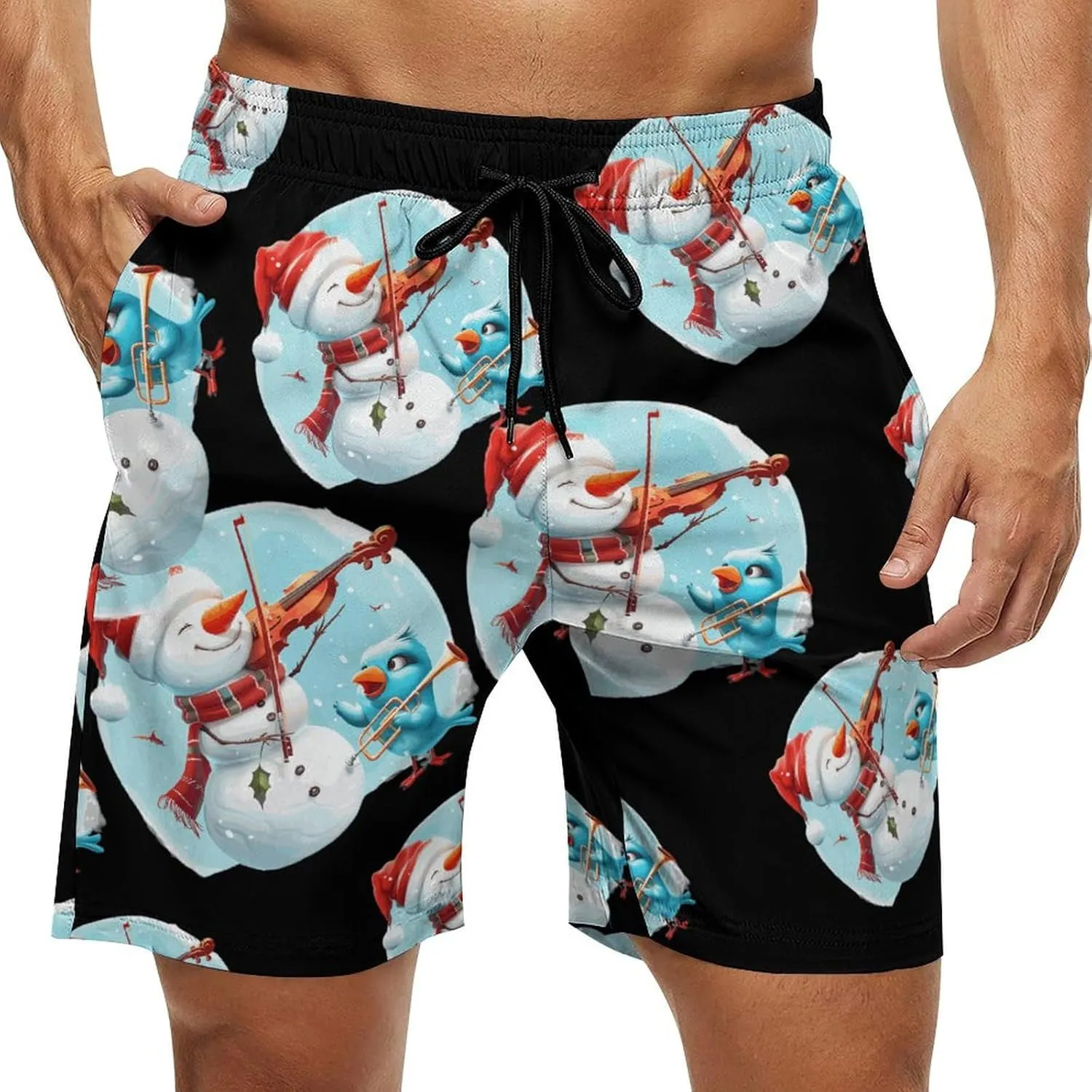 Snowman Playing A Violin Men's Swim Trunks Breathable Bathing Suit Swimming Board Shorts Hawaiian Beach Swimwear