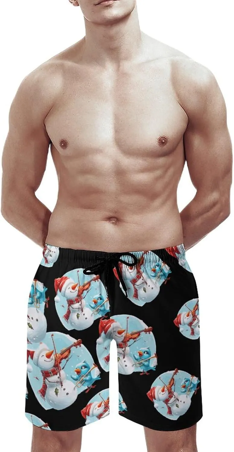 Snowman Playing A Violin Men's Swim Trunks Breathable Bathing Suit Swimming Board Shorts Hawaiian Beach Swimwear