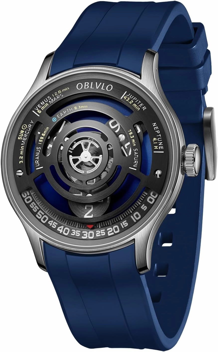 Solar System Luxury Automatic Watch, Black Rubber Band, Unique Planet Display Dial