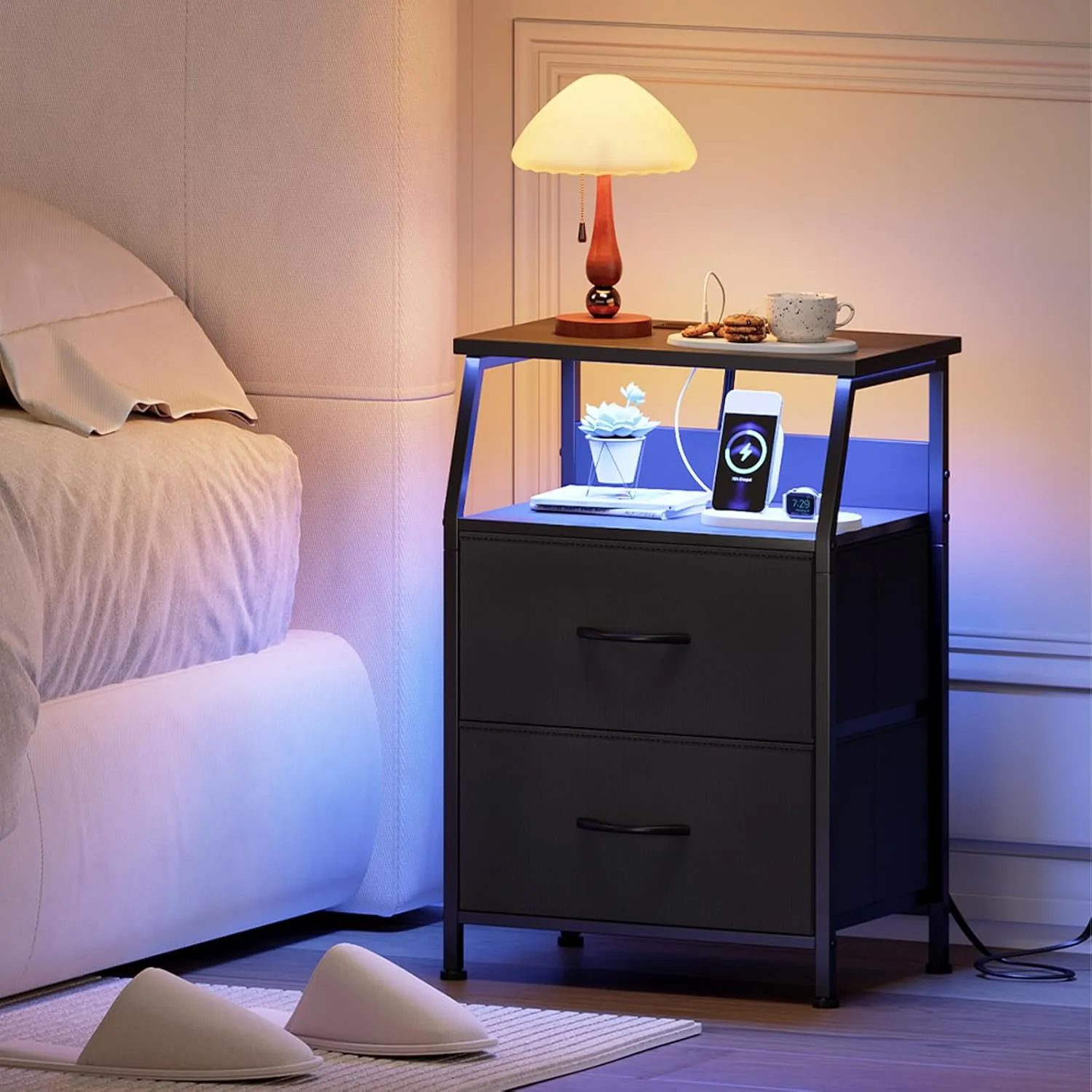 Somdot Black Nightstand with Charging Station and LED Light for Bedroom, 2 Drawers Dresser with Fabric Bins for Bedside Kids Dorm Room Closet Laundry Entryway, Black