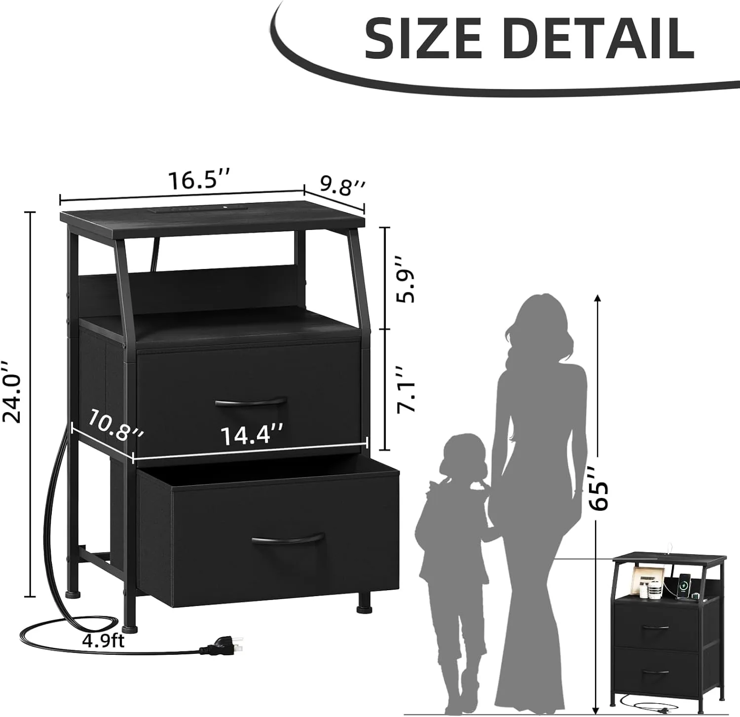 Somdot Black Nightstand with Charging Station and LED Light for Bedroom, 2 Drawers Dresser with Fabric Bins for Bedside Kids Dorm Room Closet Laundry Entryway, Black