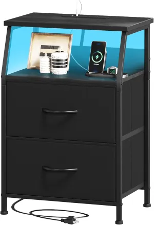 Somdot Black Nightstand with Charging Station and LED Light for Bedroom, 2 Drawers Dresser with Fabric Bins for Bedside Kids Dorm Room Closet Laundry Entryway, Black