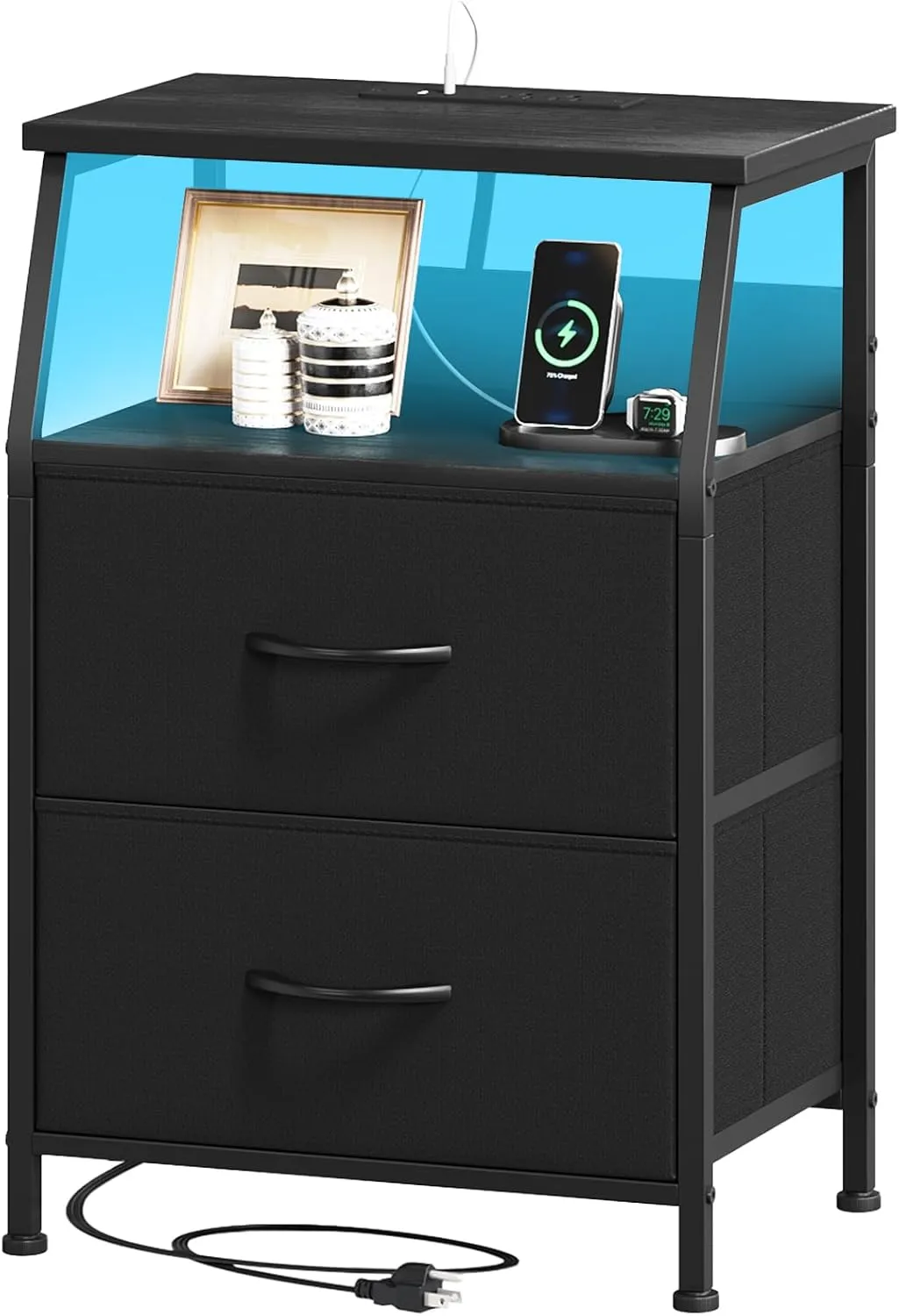Somdot Black Nightstand with Charging Station and LED Light for Bedroom, 2 Drawers Dresser with Fabric Bins for Bedside Kids Dorm Room Closet Laundry Entryway, Black