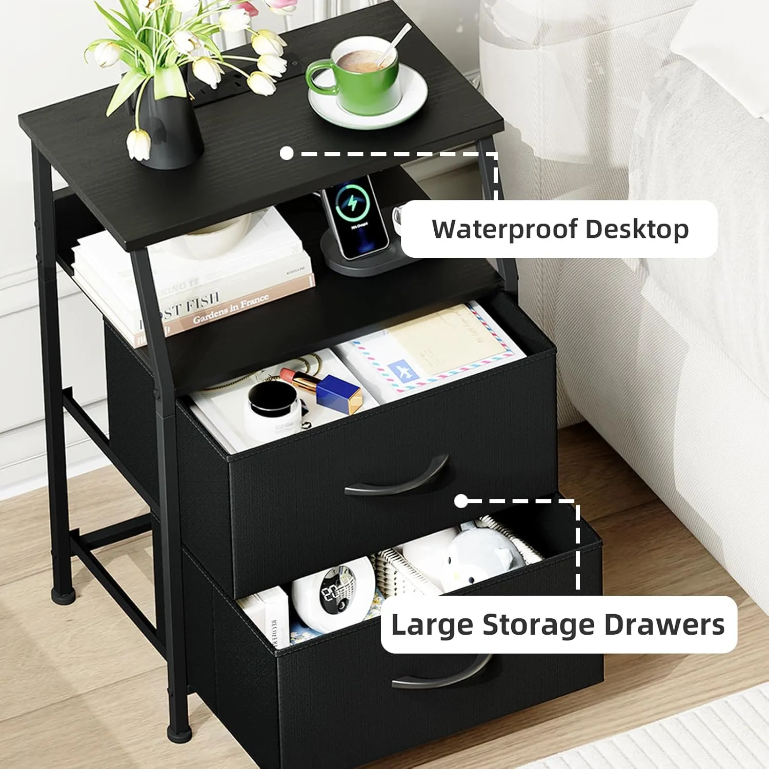 Somdot Black Nightstand with Charging Station and LED Light for Bedroom, 2 Drawers Dresser with Fabric Bins for Bedside Kids Dorm Room Closet Laundry Entryway, Black