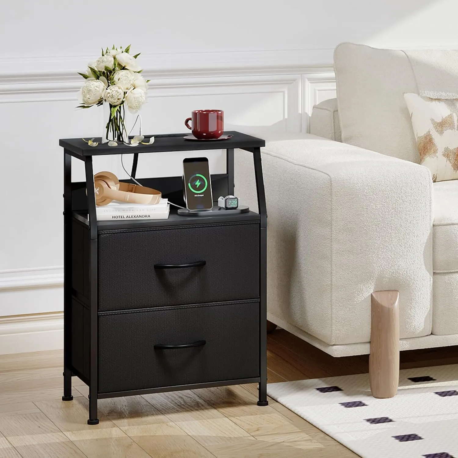 Somdot Black Nightstand with Charging Station and LED Light for Bedroom, 2 Drawers Dresser with Fabric Bins for Bedside Kids Dorm Room Closet Laundry Entryway, Black