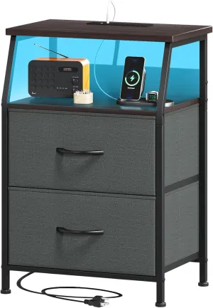 Somdot Nightstand with Charging Station and LED Light for Bedroom, 2 Drawers Dresser with Fabric Bins for Bedside Kids Dorm Room Closet Laundry Entryway, Charcoal Grey