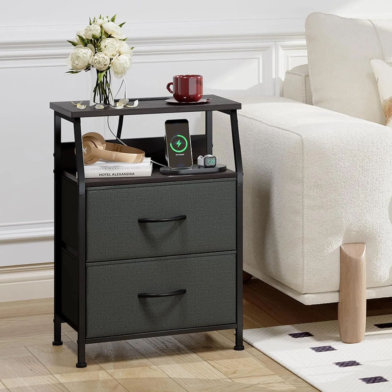 Somdot Nightstand with Charging Station and LED Light for Bedroom, 2 Drawers Dresser with Fabric Bins for Bedside Kids Dorm Room Closet Laundry Entryway, Charcoal Grey