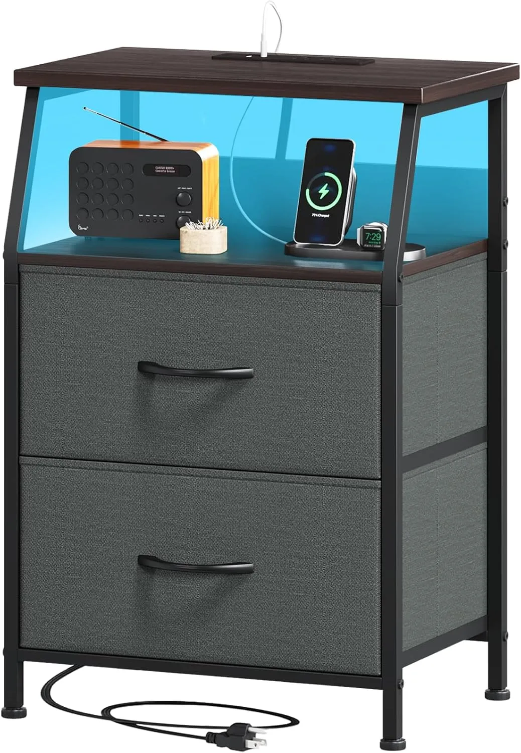 Somdot Nightstand with Charging Station and LED Light for Bedroom, 2 Drawers Dresser with Fabric Bins for Bedside Kids Dorm Room Closet Laundry Entryway, Charcoal Grey