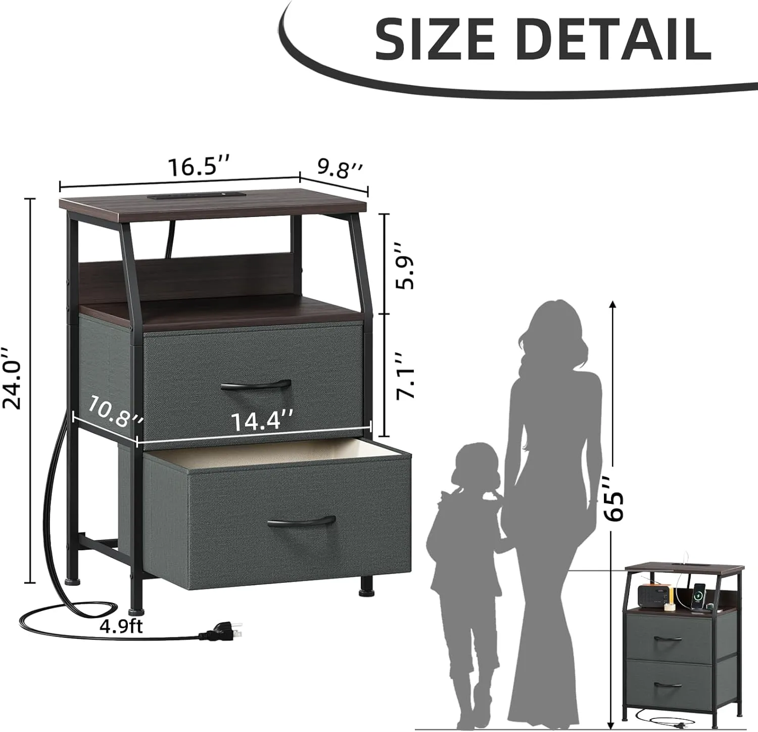 Somdot Nightstand with Charging Station and LED Light for Bedroom, 2 Drawers Dresser with Fabric Bins for Bedside Kids Dorm Room Closet Laundry Entryway, Charcoal Grey