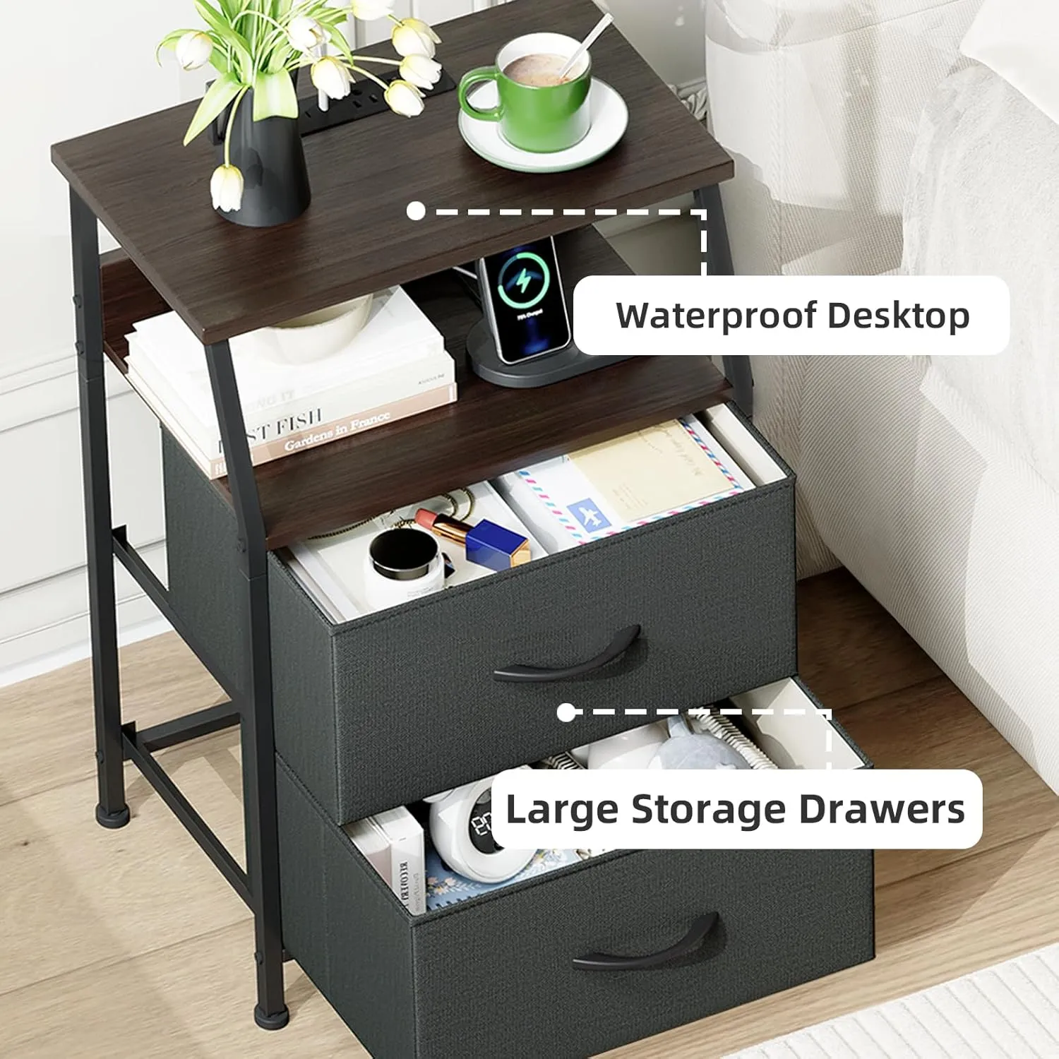 Somdot Nightstand with Charging Station and LED Light for Bedroom, 2 Drawers Dresser with Fabric Bins for Bedside Kids Dorm Room Closet Laundry Entryway, Charcoal Grey