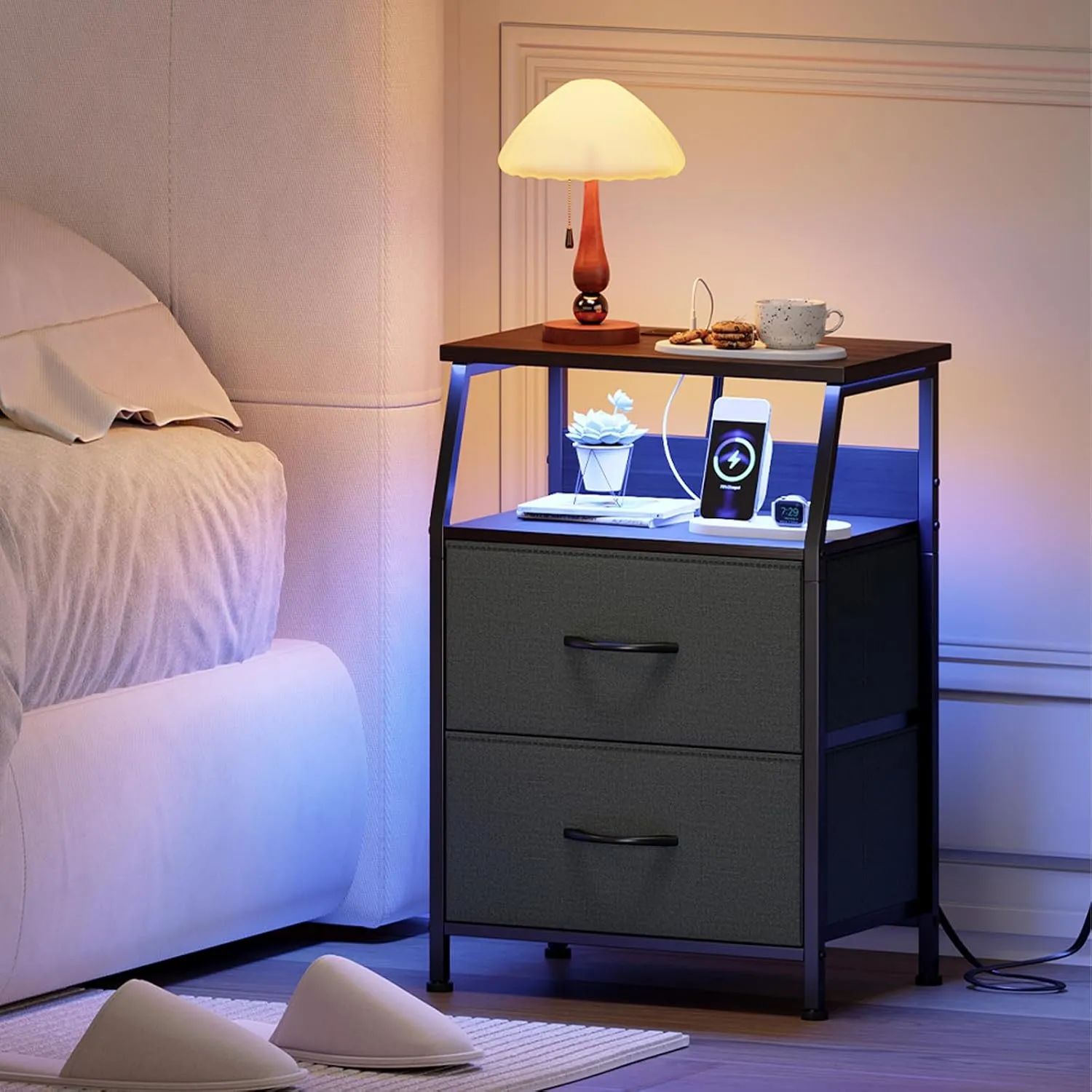 Somdot Nightstand with Charging Station and LED Light for Bedroom, 2 Drawers Dresser with Fabric Bins for Bedside Kids Dorm Room Closet Laundry Entryway, Charcoal Grey
