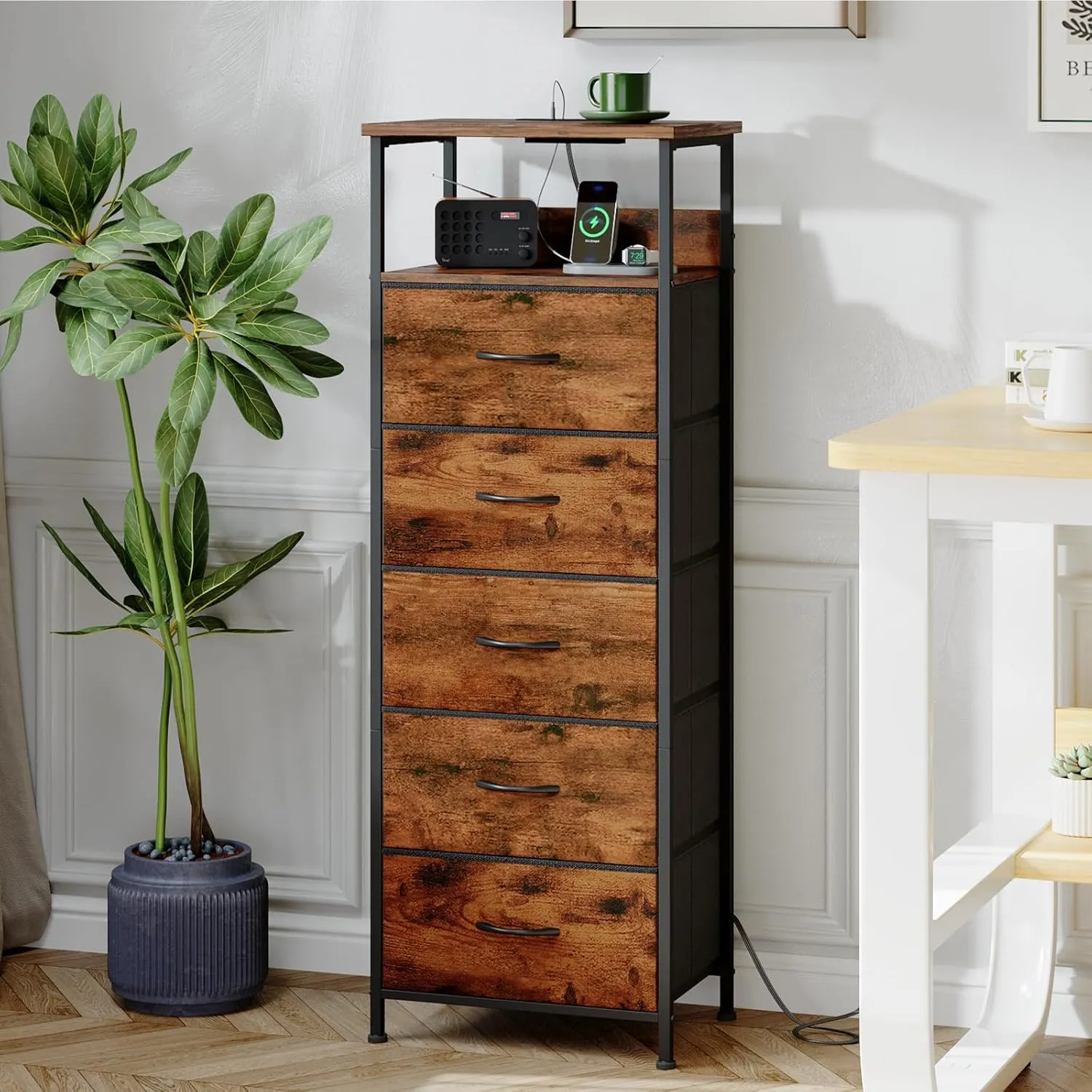 Somdot Tall Nightstand with Charging Station and LED Light for Bedroom, 5 Drawers Dresser with Fabric Bins for Bedside Kids Dorm Room Closet Laundry Entryway, Wood Grain Print