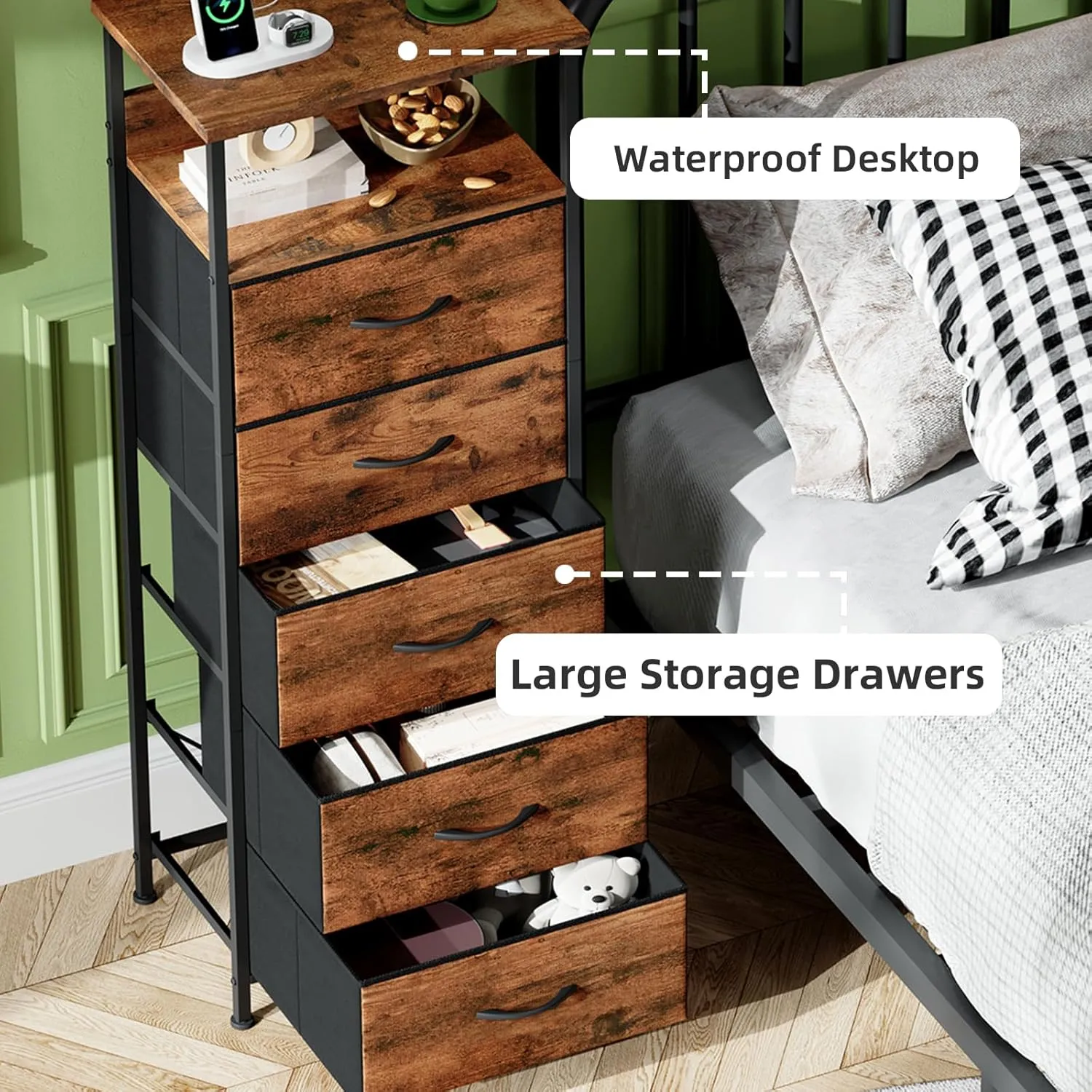 Somdot Tall Nightstand with Charging Station and LED Light for Bedroom, 5 Drawers Dresser with Fabric Bins for Bedside Kids Dorm Room Closet Laundry Entryway, Wood Grain Print