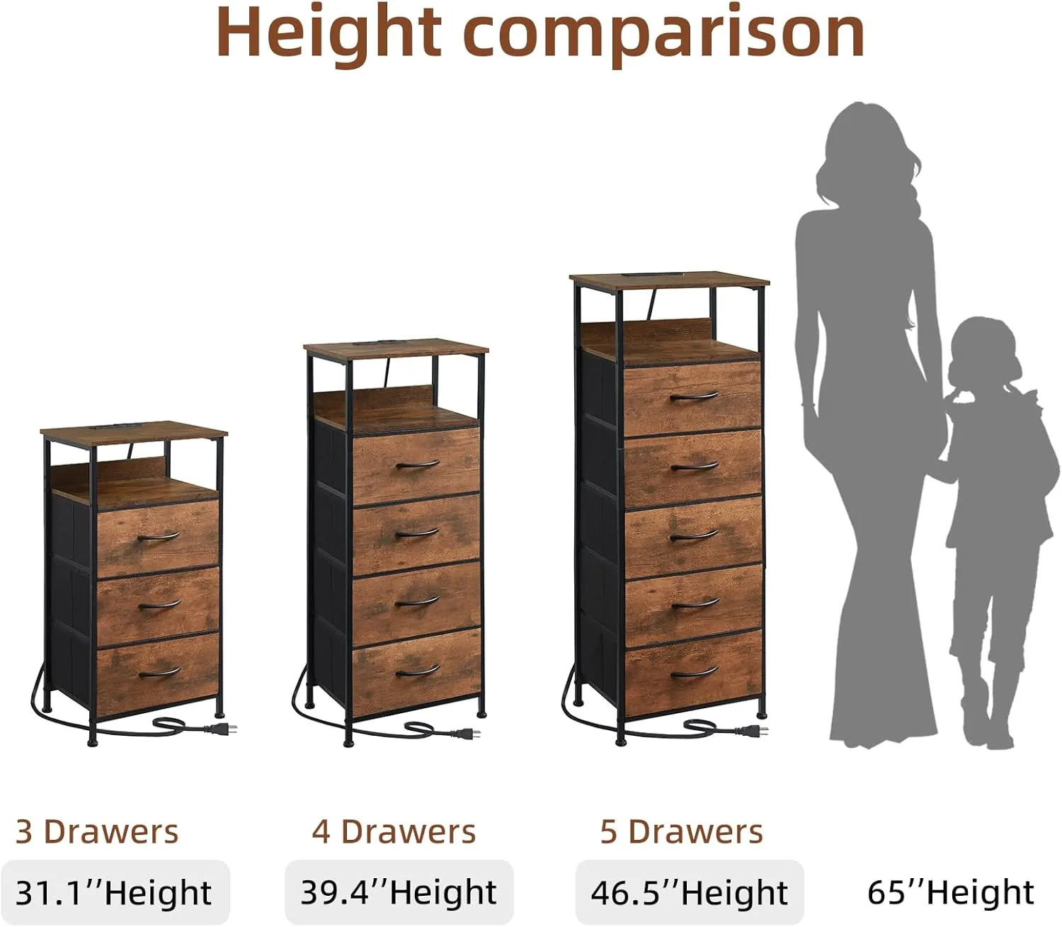 Somdot Tall Nightstand with Charging Station and LED Light for Bedroom, 5 Drawers Dresser with Fabric Bins for Bedside Kids Dorm Room Closet Laundry Entryway, Wood Grain Print