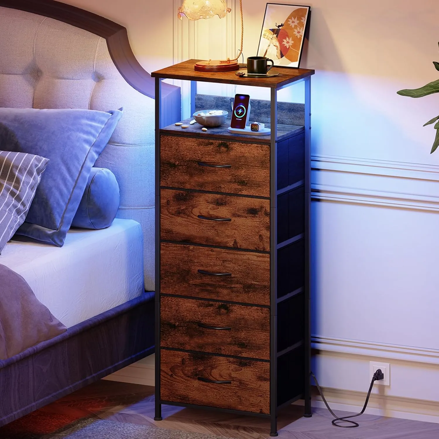 Somdot Tall Nightstand with Charging Station and LED Light for Bedroom, 5 Drawers Dresser with Fabric Bins for Bedside Kids Dorm Room Closet Laundry Entryway, Wood Grain Print