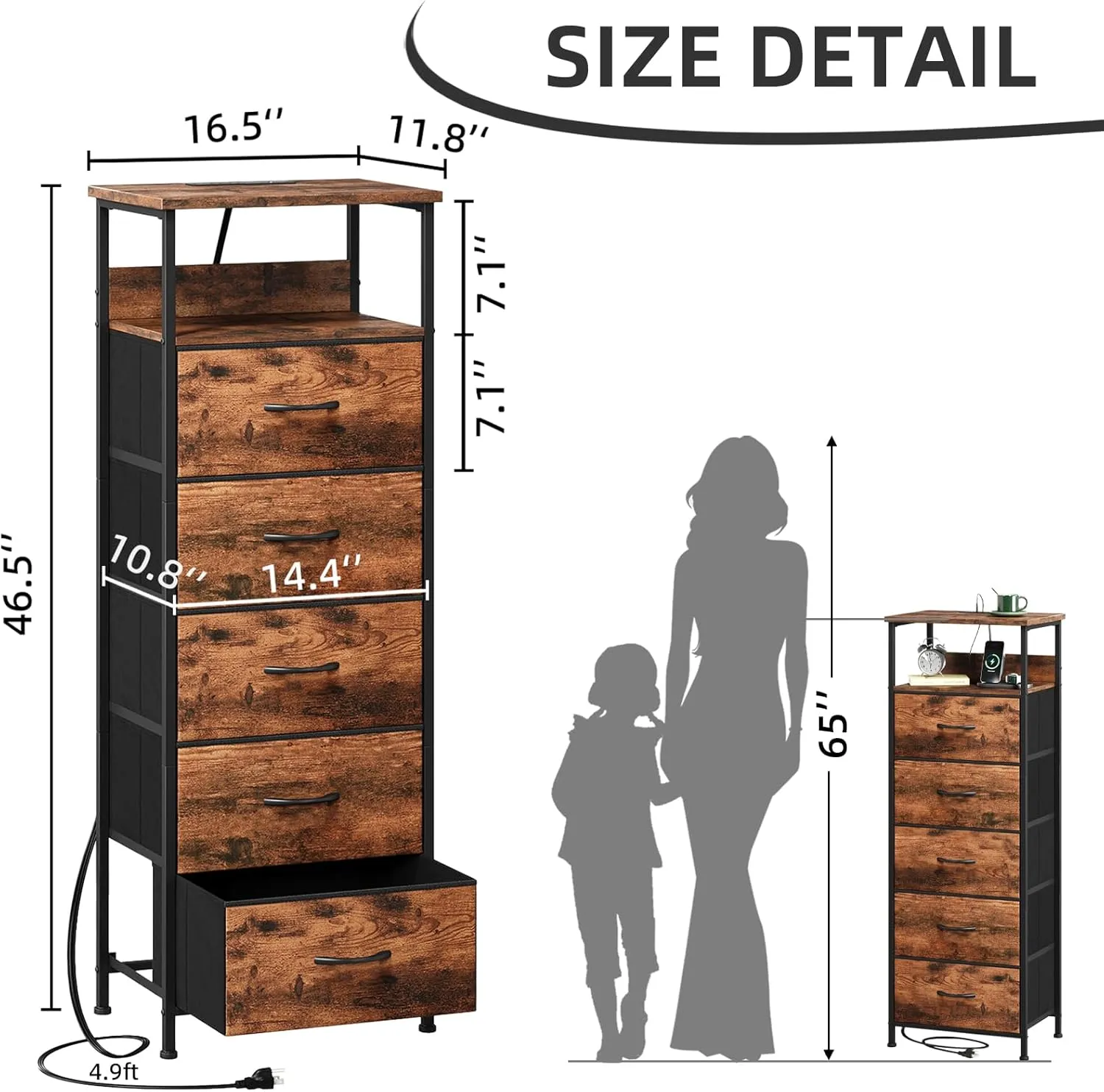 Somdot Tall Nightstand with Charging Station and LED Light for Bedroom, 5 Drawers Dresser with Fabric Bins for Bedside Kids Dorm Room Closet Laundry Entryway, Wood Grain Print
