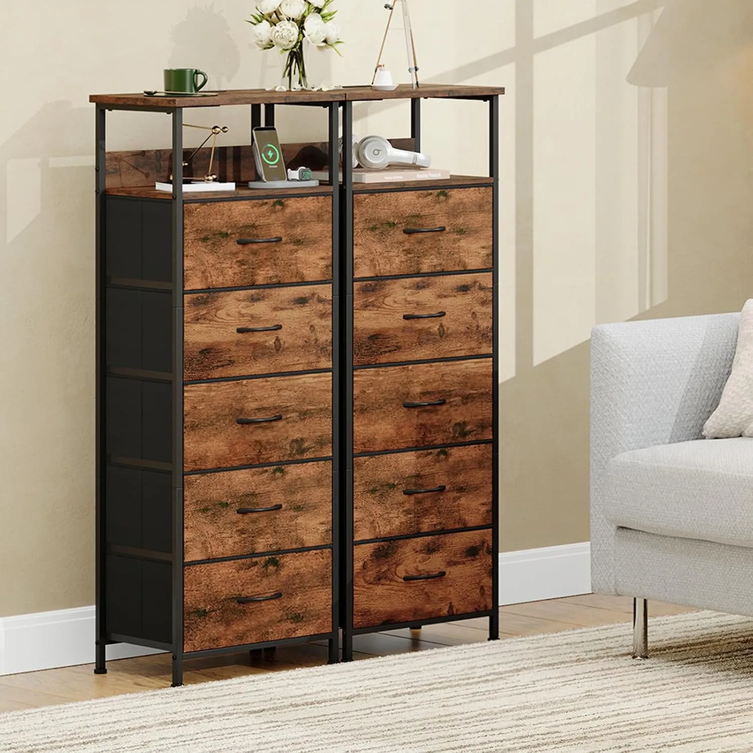 Somdot Tall Nightstand with Charging Station and LED Light for Bedroom, 5 Drawers Dresser with Fabric Bins for Bedside Kids Dorm Room Closet Laundry Entryway, Wood Grain Print