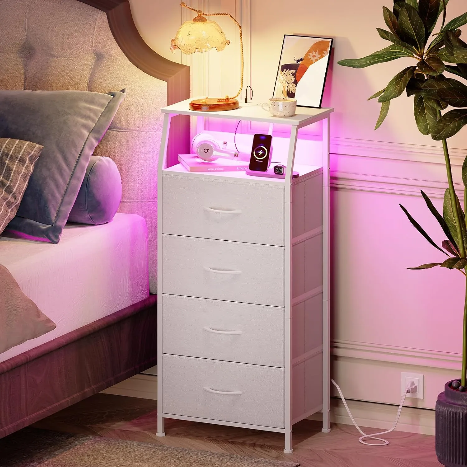 Somdot White Nightstand with Charging Station and LED Light for Bedroom, Tall 4 Drawers Dresser with Fabric Bins for Bedside Kids Dorm Room Closet Laundry Entryway, White Leather