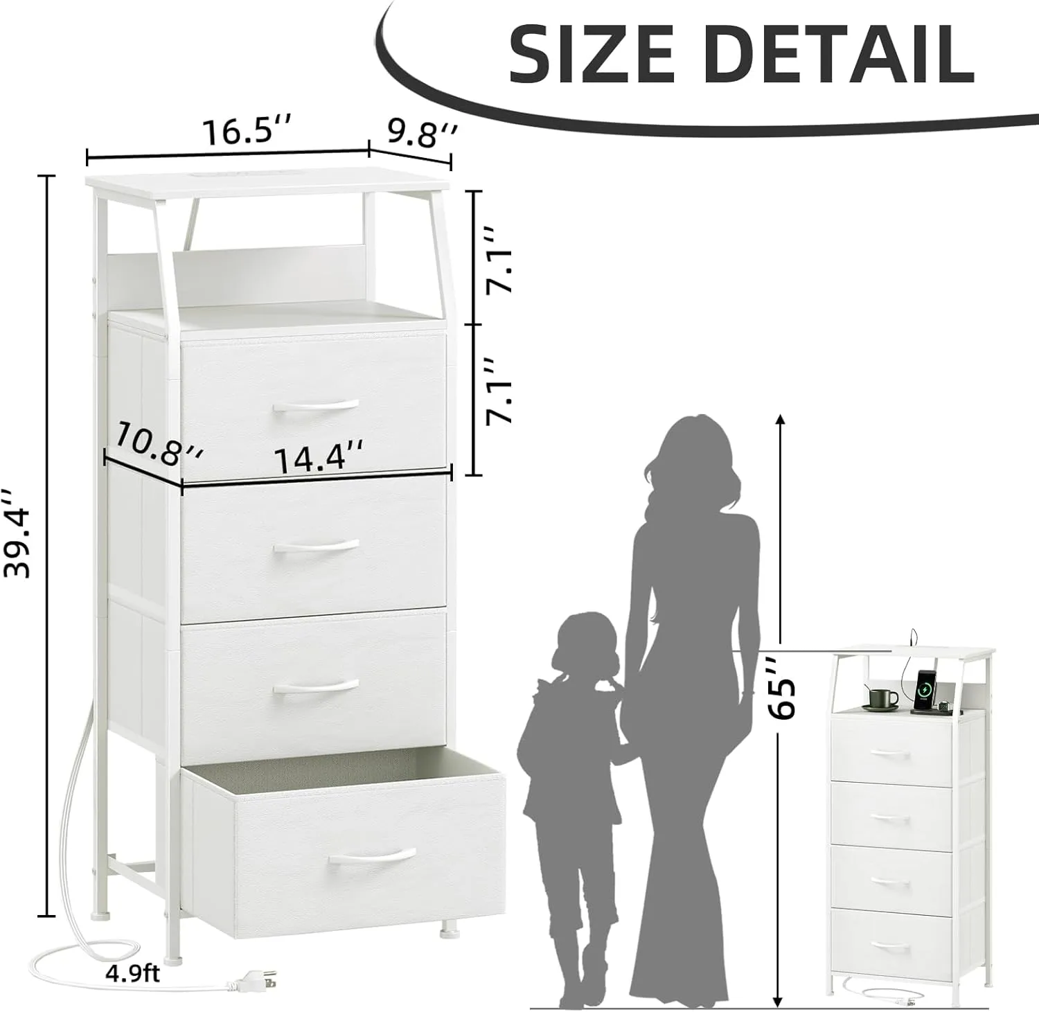 Somdot White Nightstand with Charging Station and LED Light for Bedroom, Tall 4 Drawers Dresser with Fabric Bins for Bedside Kids Dorm Room Closet Laundry Entryway, White Leather