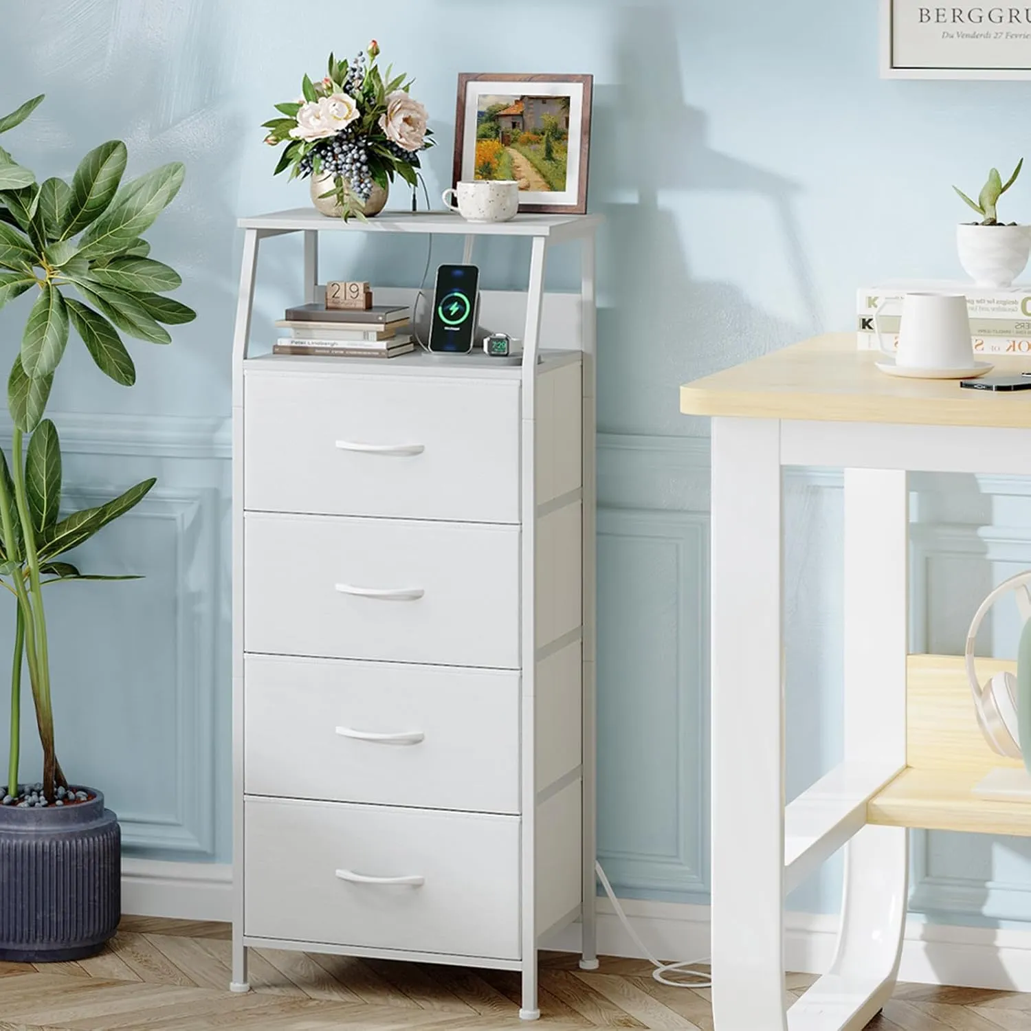 Somdot White Nightstand with Charging Station and LED Light for Bedroom, Tall 4 Drawers Dresser with Fabric Bins for Bedside Kids Dorm Room Closet Laundry Entryway, White Leather