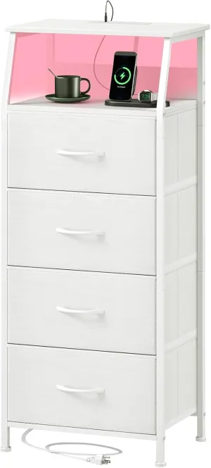 Somdot White Nightstand with Charging Station and LED Light for Bedroom, Tall 4 Drawers Dresser with Fabric Bins for Bedside Kids Dorm Room Closet Laundry Entryway, White Leather