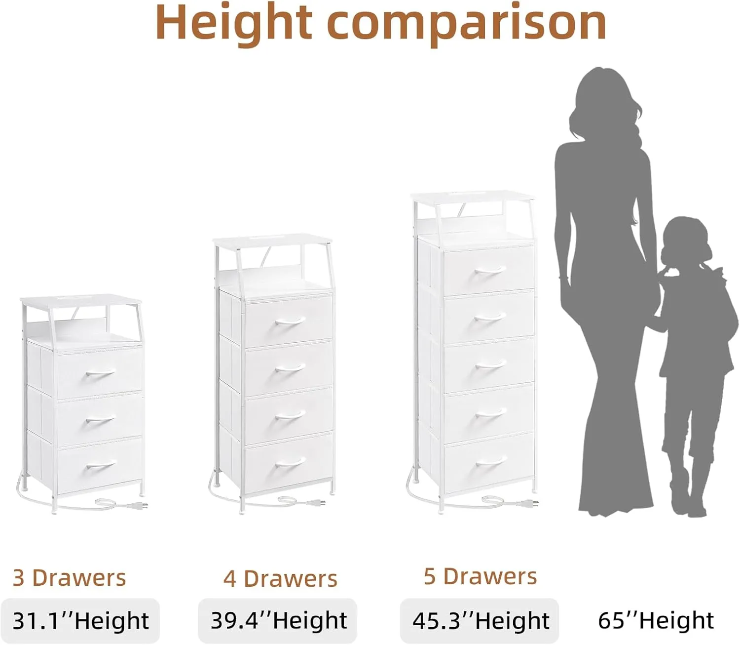 Somdot White Nightstand with Charging Station and LED Light for Bedroom, Tall 4 Drawers Dresser with Fabric Bins for Bedside Kids Dorm Room Closet Laundry Entryway, White Leather
