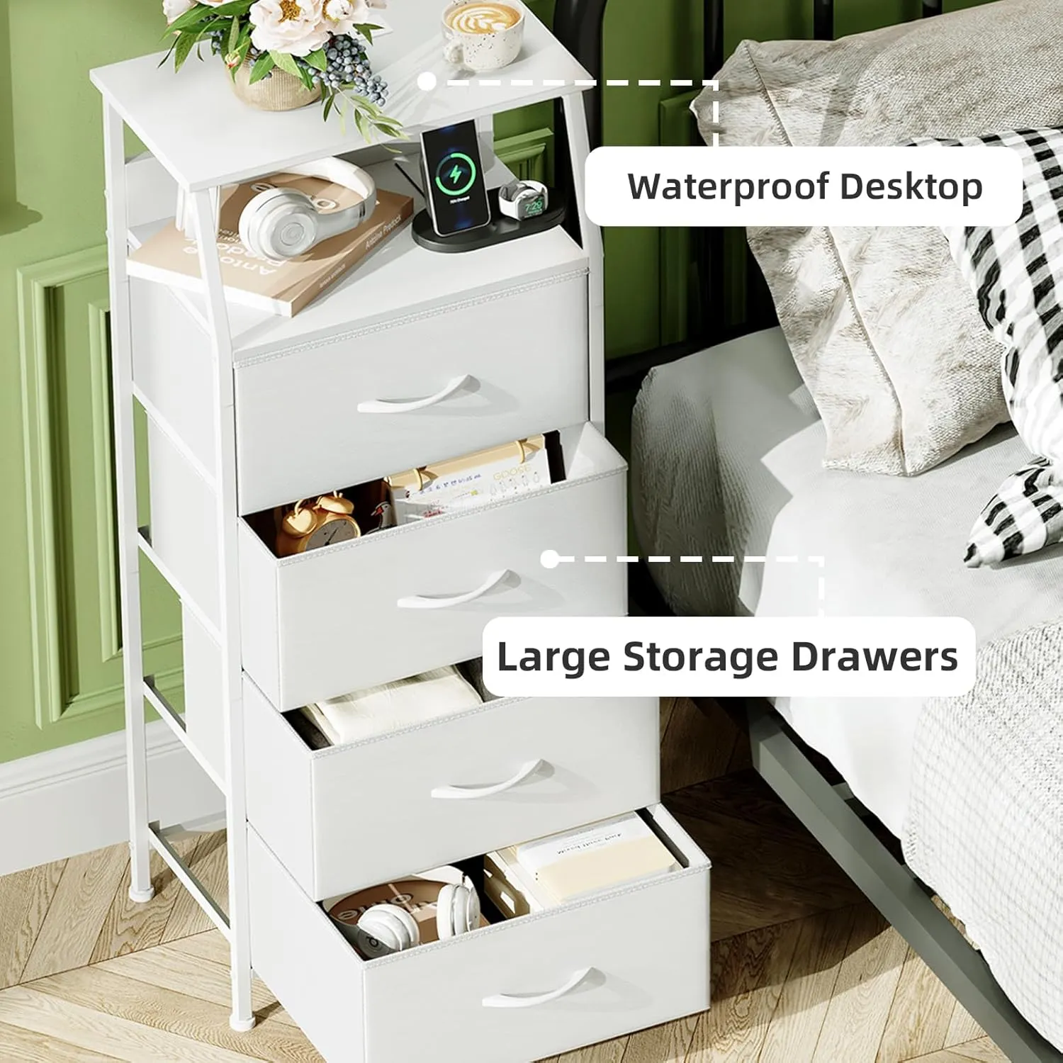 Somdot White Nightstand with Charging Station and LED Light for Bedroom, Tall 4 Drawers Dresser with Fabric Bins for Bedside Kids Dorm Room Closet Laundry Entryway, White Leather