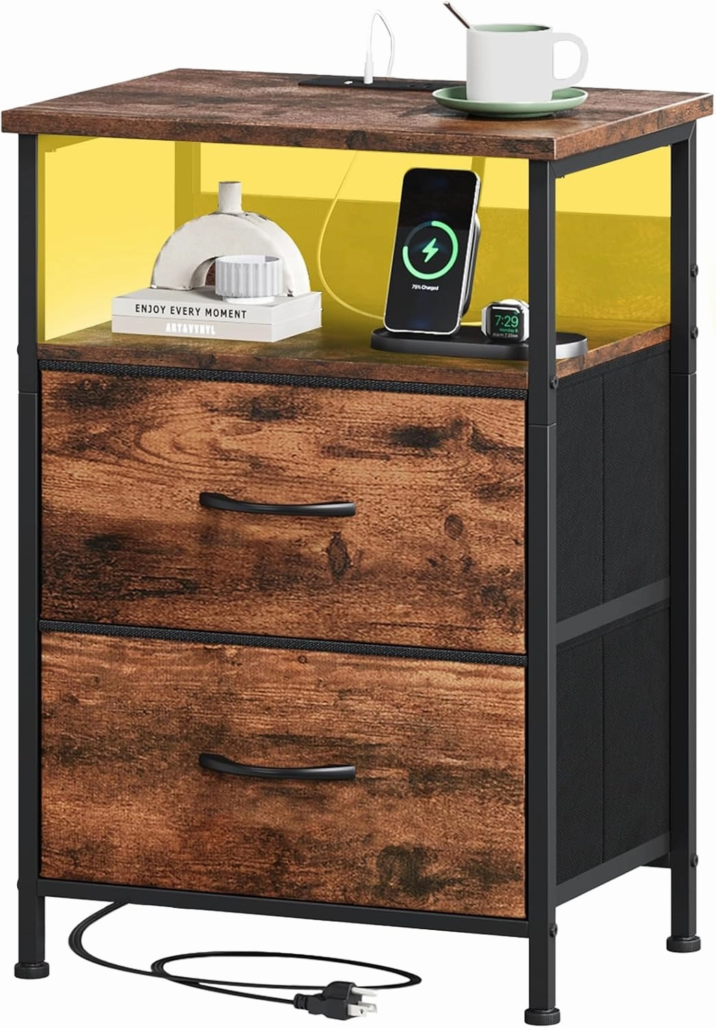 Somdot 2 Drawers Nightstand with Charging Station and LED Light for Bedroom, Small Dresser with Fabric Bins for Bedside Kids Dorm Room Closet Laundry Entryway, Wood Grain Print