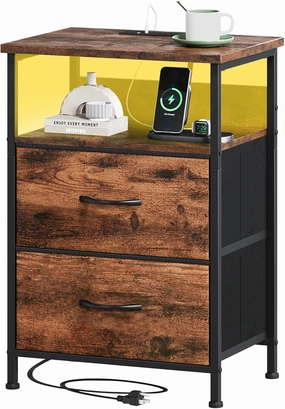Somdot 2 Drawers Nightstand with Charging Station and LED Light for Bedroom, Small Dresser with Fabric Bins for Bedside Kids Dorm Room Closet Laundry Entryway, Wood Grain Print