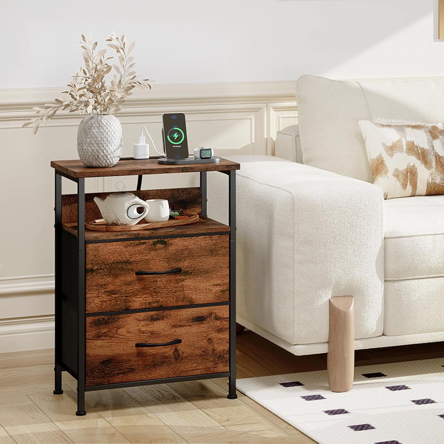 Somdot 2 Drawers Nightstand with Charging Station and LED Light for Bedroom, Small Dresser with Fabric Bins for Bedside Kids Dorm Room Closet Laundry Entryway, Wood Grain Print