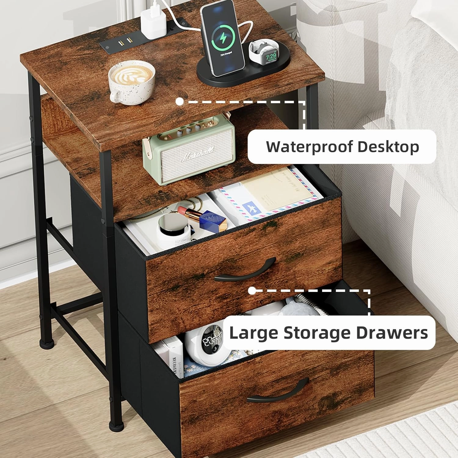 Somdot 2 Drawers Nightstand with Charging Station and LED Light for Bedroom, Small Dresser with Fabric Bins for Bedside Kids Dorm Room Closet Laundry Entryway, Wood Grain Print