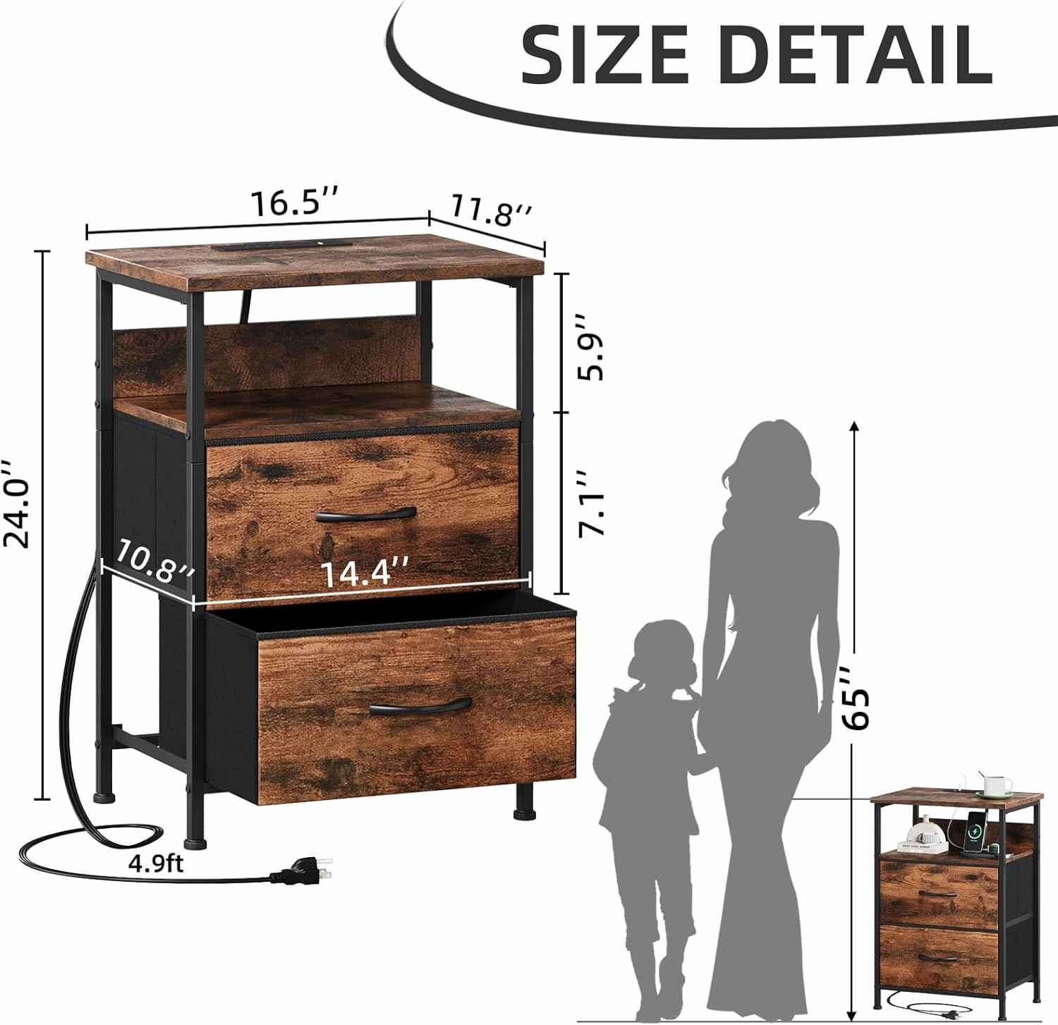 Somdot 2 Drawers Nightstand with Charging Station and LED Light for Bedroom, Small Dresser with Fabric Bins for Bedside Kids Dorm Room Closet Laundry Entryway, Wood Grain Print