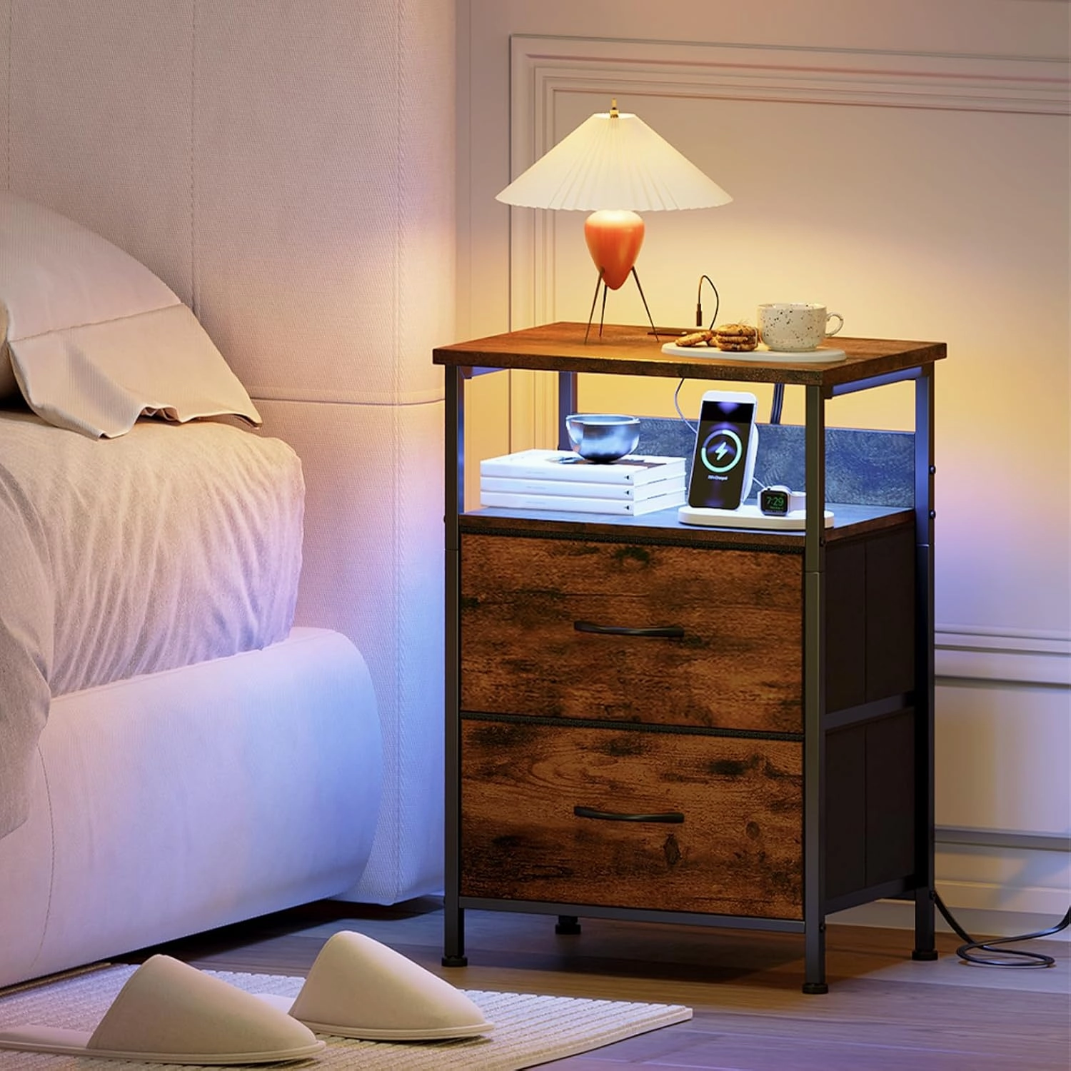 Somdot 2 Drawers Nightstand with Charging Station and LED Light for Bedroom, Small Dresser with Fabric Bins for Bedside Kids Dorm Room Closet Laundry Entryway, Wood Grain Print