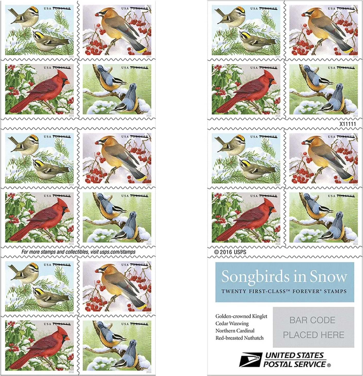 Songbirds in Snow Forever First Class Postage Stamps (20 Stamps) - United States Postal Service