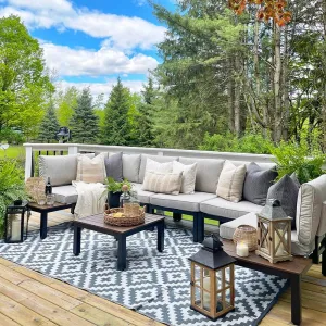 Sophia & William 6 Pieces Outdoor Patio Furniture Set, Metal Sectional Sofa Set Patio Conversation Set-2 x Single Sofa with Side Table,1 x Loveseat,2 x Single Couch,1 x Tea Table(Beige Grey)