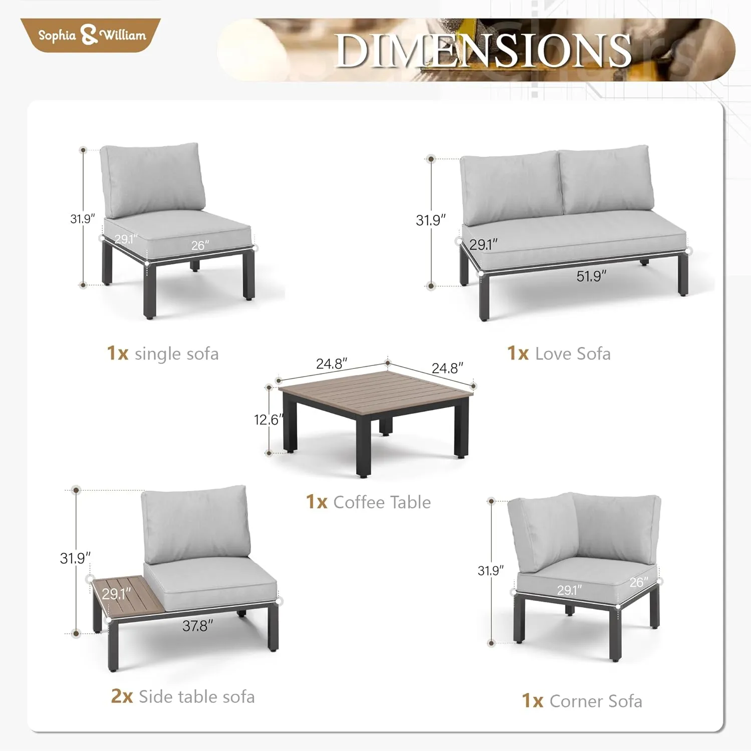 Sophia & William 6 Pieces Outdoor Patio Furniture Set, Metal Sectional Sofa Set Patio Conversation Set-2 x Single Sofa with Side Table,1 x Loveseat,2 x Single Couch,1 x Tea Table(Beige Grey)