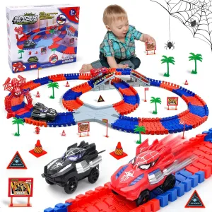 Spider Hero Monster Truck Toys for 3 4 5 6 7 8 9 Year Old Boys Girls: Race Track Set with 2 Spider Cars Electric Vehicle Kids Toys Gift for Boys Girls Age 3-9 Years Birthday Presents（212PCS）
