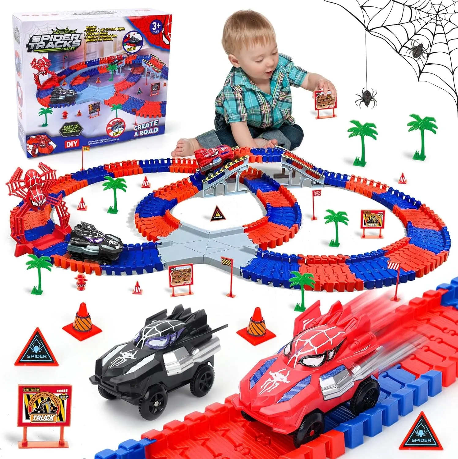 Spider Hero Monster Truck Toys for 3 4 5 6 7 8 9 Year Old Boys Girls: Race Track Set with 2 Spider Cars Electric Vehicle Kids Toys Gift for Boys Girls Age 3-9 Years Birthday Presents（212PCS）