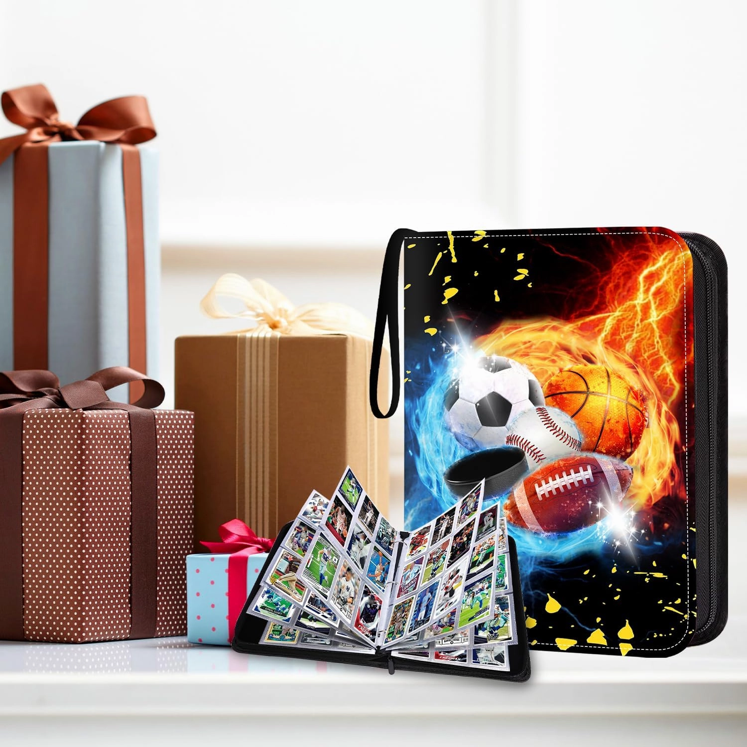 Sports Card Binder 9-Pocket, Trading Card Album Fits 900 Cards With 50 Removable Sleeves, Zipper Collectible Holder Organizer for Baseball, Football Cards