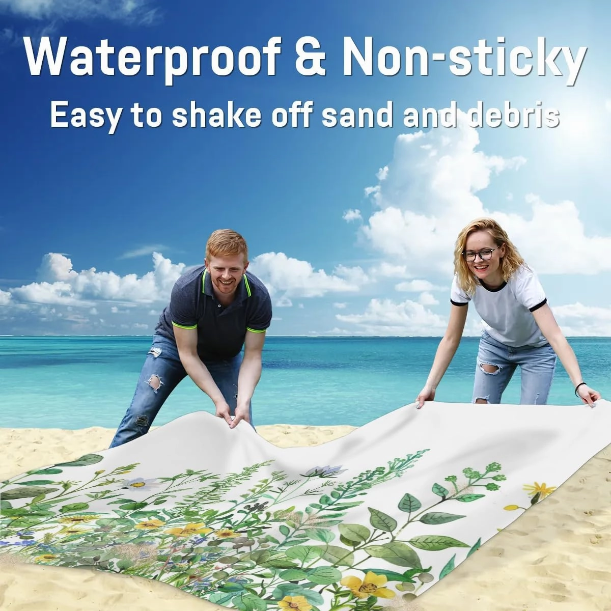 Spring Summer Beach Blanket, Sandproof Beach Mat, Adults Waterproof Quick Drying Sand Free Mat with 4 x Ground Spikes for Outdoor Travel Camping Hiking, Colorful Wildflower