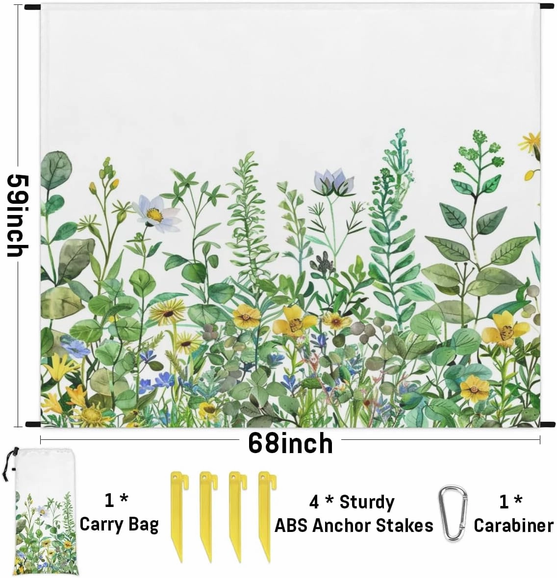 Spring Summer Beach Blanket, Sandproof Beach Mat, Adults Waterproof Quick Drying Sand Free Mat with 4 x Ground Spikes for Outdoor Travel Camping Hiking, Colorful Wildflower