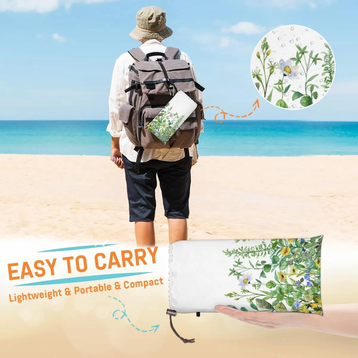 Spring Summer Beach Blanket, Sandproof Beach Mat, Adults Waterproof Quick Drying Sand Free Mat with 4 x Ground Spikes for Outdoor Travel Camping Hiking, Colorful Wildflower