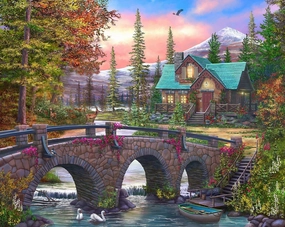 Springbok's Mountain Home Sunrise 1000 Piece Puzzle for Adults is a Soothing Image of a Mountain Cabin Retreat
