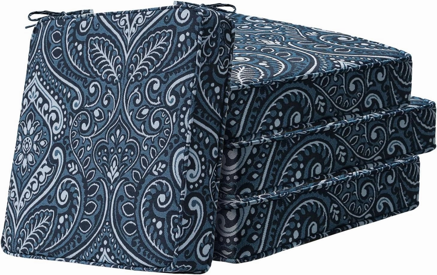 Square Corner Seat Cushions, 19" x 19" x 3", Set of 4, Indoor Outdoor Waterproof Weather Resistant Universal Chair Pads with Ties for Patio Furniture, Garden Deck Dining Chairs, Damask Blue Flower