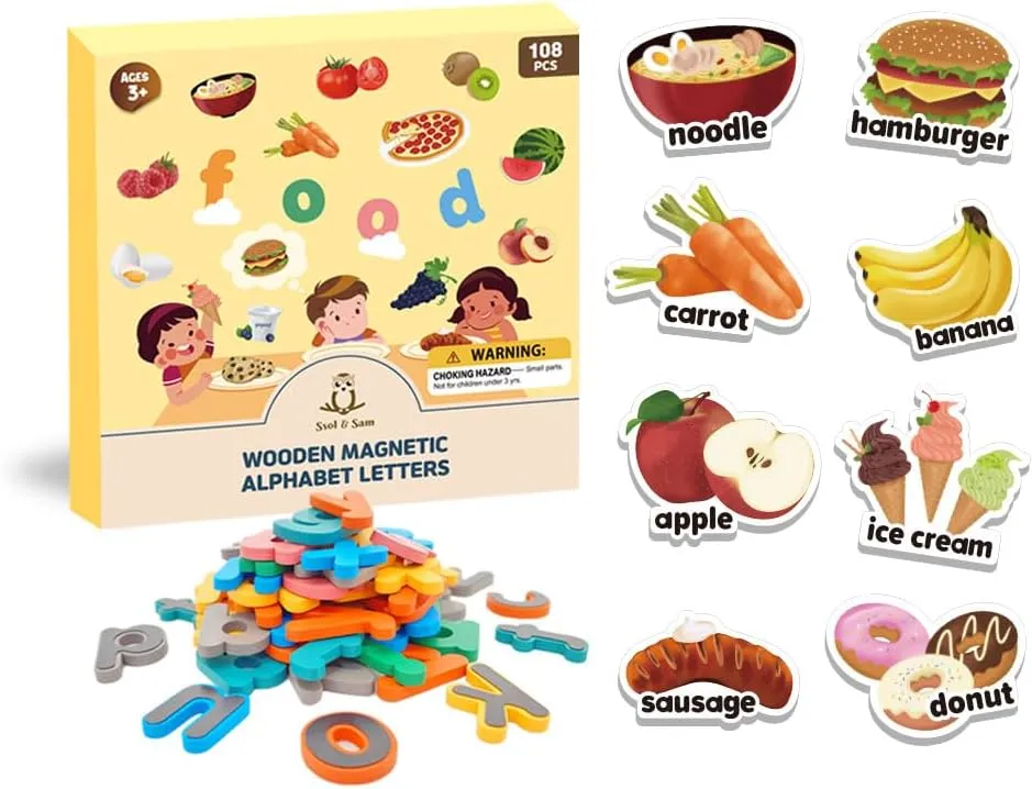 SSol & Sam Magnets and Magnetic Letters - ABC Alphabet Magnets for Refrigerator and Dry Erase Board - Baby Magnets for Fridge and Whiteboard - Ideal for Kids! (Food)