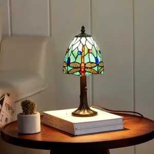 Stained Glass Dragonfly Design Table or Desk Light, Tiffany Style Mini Table Lamp-, LED Bulb Included-Vintage Look Colorful Accent Decor